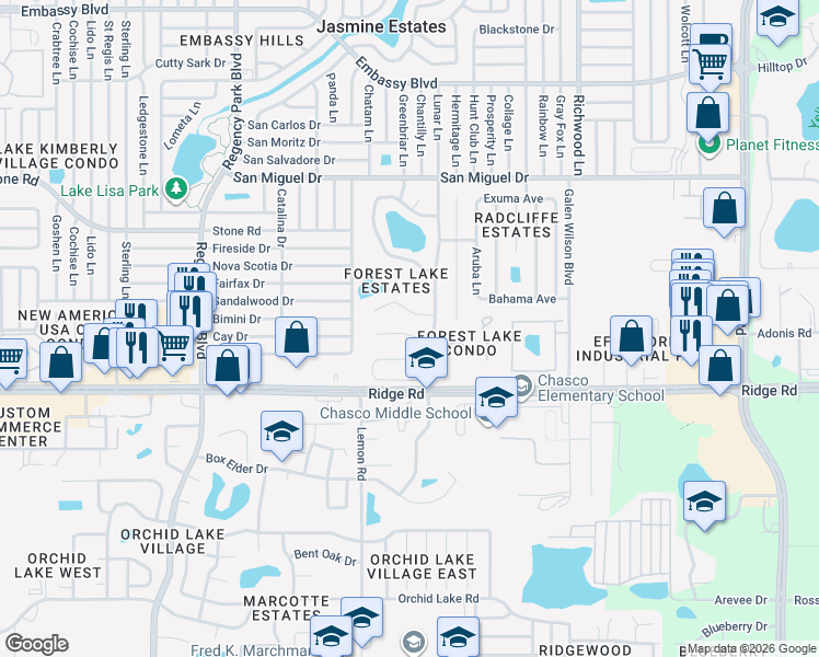 map of restaurants, bars, coffee shops, grocery stores, and more near 7607 Tall Tree Court in Port Richey
