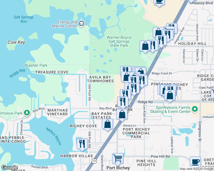 map of restaurants, bars, coffee shops, grocery stores, and more near 8622 Candida Lane in Port Richey