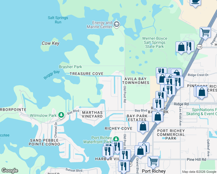 map of restaurants, bars, coffee shops, grocery stores, and more near 8627 Betty Street in Port Richey