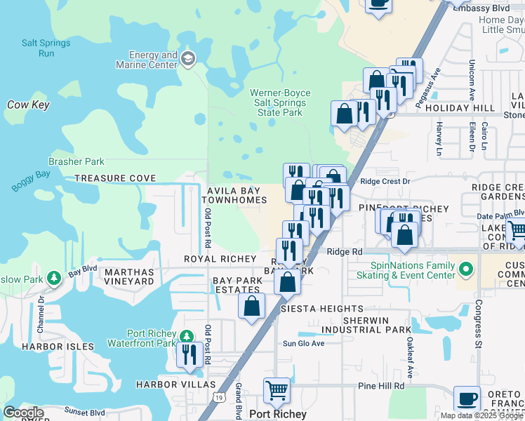 map of restaurants, bars, coffee shops, grocery stores, and more near 8626 Candida Lane in Port Richey