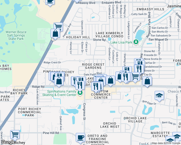 map of restaurants, bars, coffee shops, grocery stores, and more near 8620 Roble Way in Port Richey
