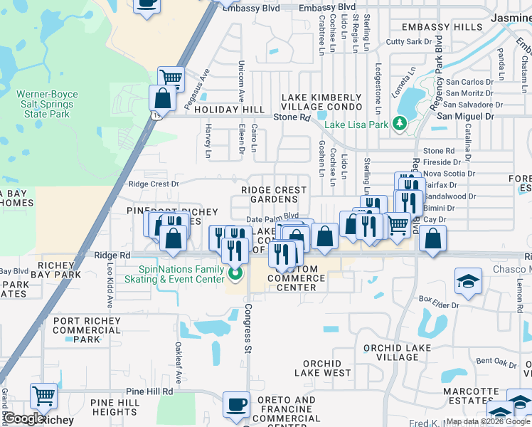 map of restaurants, bars, coffee shops, grocery stores, and more near 8626 Robilina Road in Port Richey