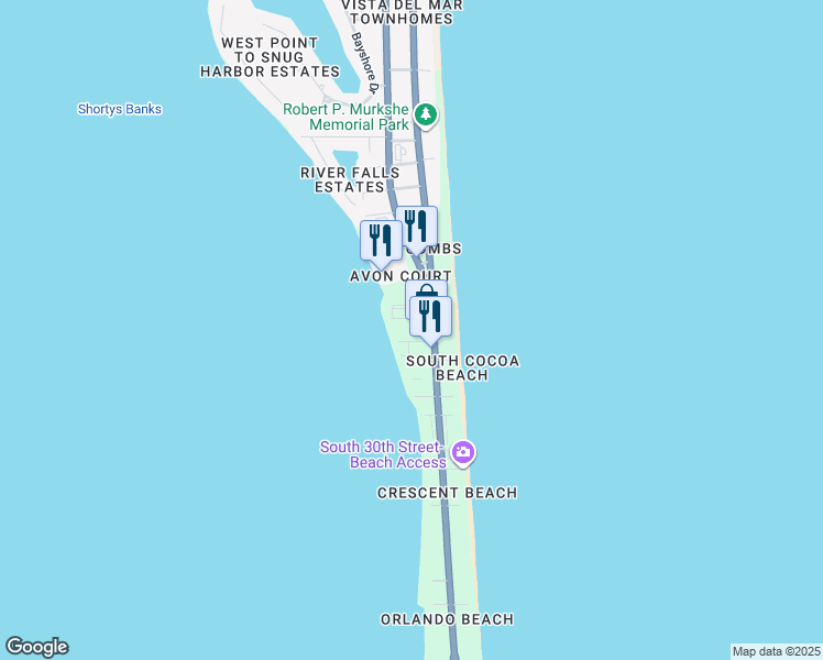 map of restaurants, bars, coffee shops, grocery stores, and more near 161 24th Street in Cocoa Beach