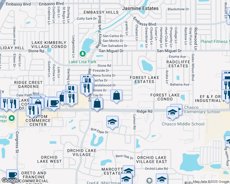 map of restaurants, bars, coffee shops, grocery stores, and more near 7314 Bimini Drive in Port Richey