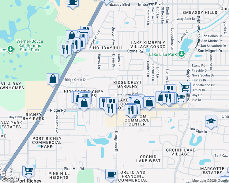 map of restaurants, bars, coffee shops, grocery stores, and more near 8620 Congress Street in Port Richey