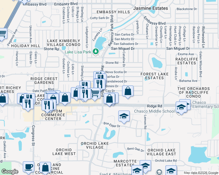 map of restaurants, bars, coffee shops, grocery stores, and more near 7131 Cay Drive in Port Richey