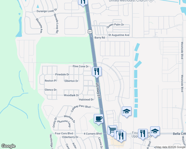 map of restaurants, bars, coffee shops, grocery stores, and more near 200 Pine Cone Drive in Davenport
