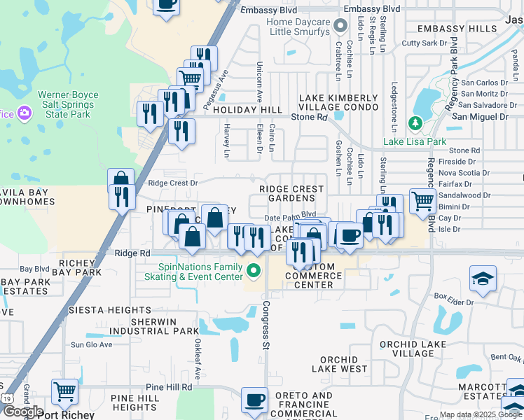 map of restaurants, bars, coffee shops, grocery stores, and more near 6444 Juniper Road in Port Richey
