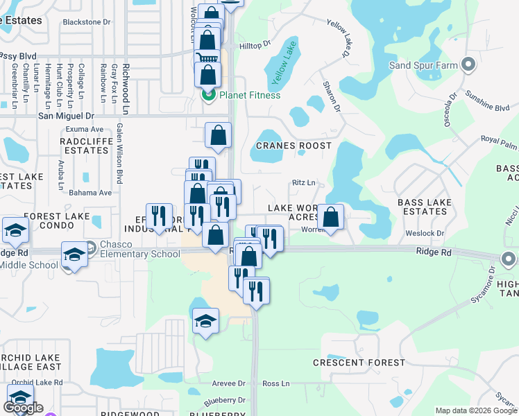map of restaurants, bars, coffee shops, grocery stores, and more near 8502 Adonis Road in New Port Richey