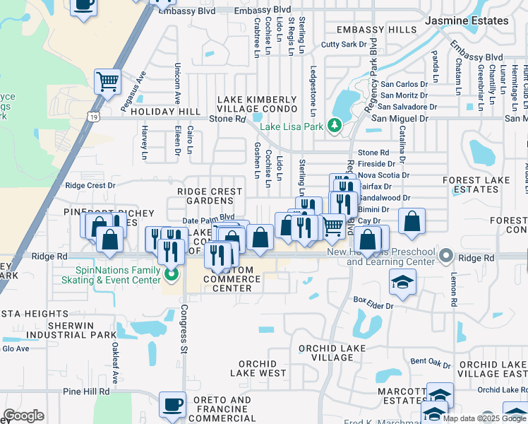 map of restaurants, bars, coffee shops, grocery stores, and more near 8626 Frontier Trail in Port Richey
