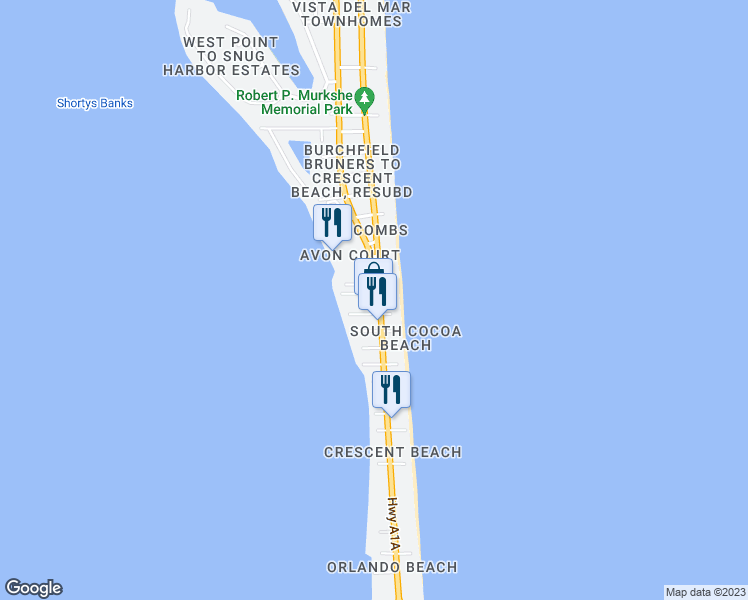 map of restaurants, bars, coffee shops, grocery stores, and more near 2310 South Atlantic Avenue in Cocoa Beach