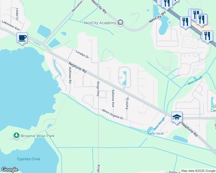 map of restaurants, bars, coffee shops, grocery stores, and more near 1748 Neptune Road in Kissimmee