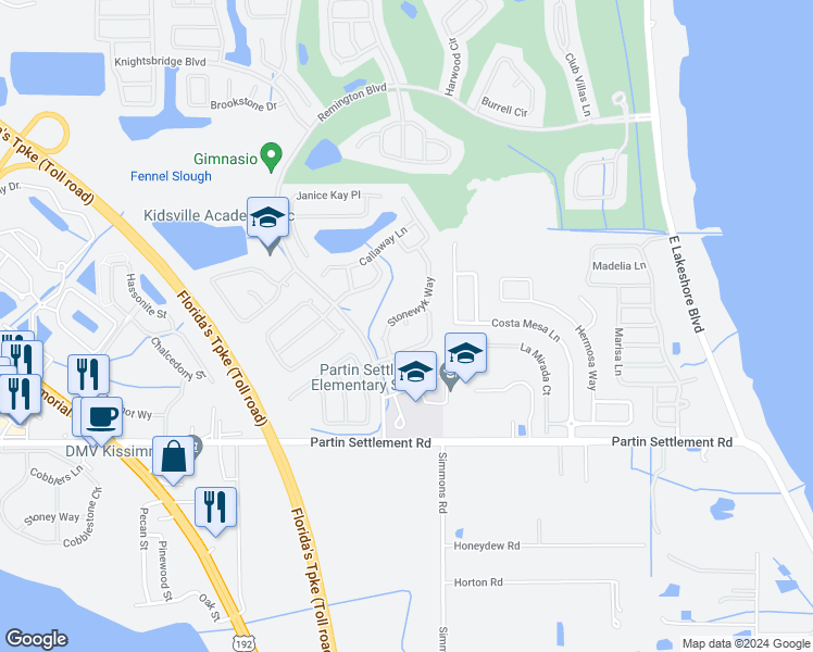 map of restaurants, bars, coffee shops, grocery stores, and more near 804 Leeshore Court in Kissimmee