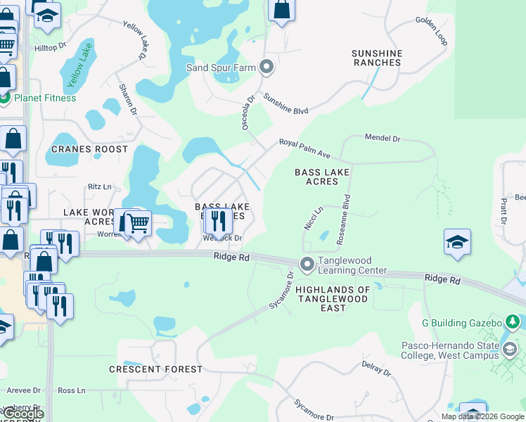 map of restaurants, bars, coffee shops, grocery stores, and more near 8624 Brookwood Drive in New Port Richey