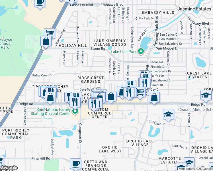 map of restaurants, bars, coffee shops, grocery stores, and more near 6700 Date Palm Boulevard in Port Richey