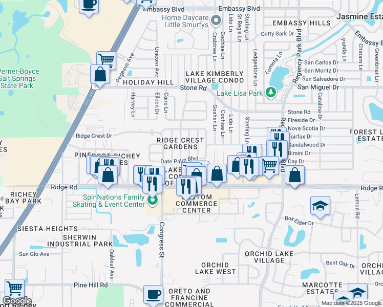 map of restaurants, bars, coffee shops, grocery stores, and more near 8634 Sabal Way in Port Richey