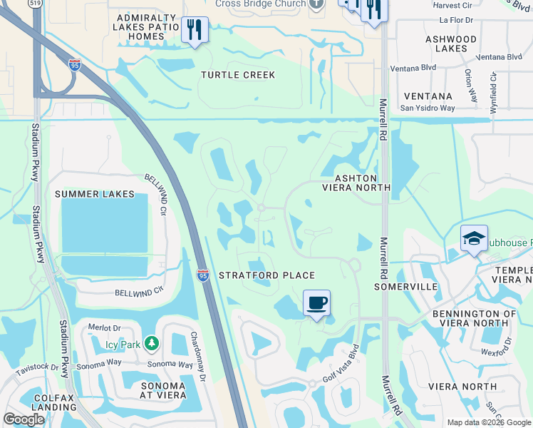 map of restaurants, bars, coffee shops, grocery stores, and more near 4597 Brantford Court in Rockledge
