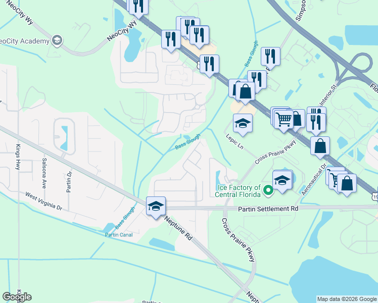 map of restaurants, bars, coffee shops, grocery stores, and more near 813 Neptune Pointe Lane in Kissimmee