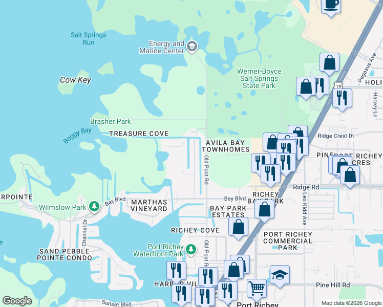 map of restaurants, bars, coffee shops, grocery stores, and more near 8621 Green Street in Port Richey