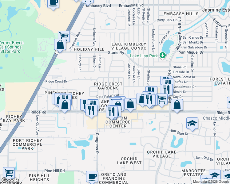 map of restaurants, bars, coffee shops, grocery stores, and more near 8634 Sabal Way in Port Richey