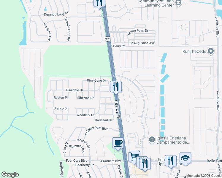 map of restaurants, bars, coffee shops, grocery stores, and more near 170 Pine Cone Drive in Davenport