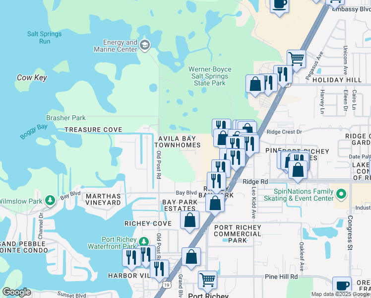 map of restaurants, bars, coffee shops, grocery stores, and more near 8637 Castillian Way in Port Richey