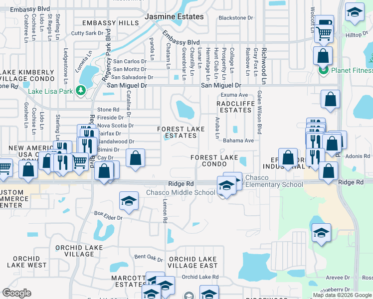 map of restaurants, bars, coffee shops, grocery stores, and more near 7607 Tall Tree Court in Port Richey