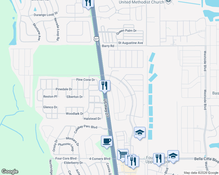map of restaurants, bars, coffee shops, grocery stores, and more near 200 Pine Cone Drive in Davenport