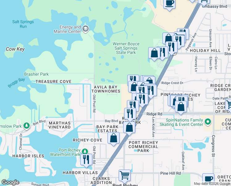 map of restaurants, bars, coffee shops, grocery stores, and more near 8622 Candida Lane in Port Richey