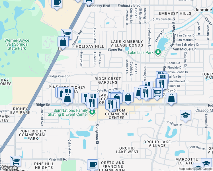 map of restaurants, bars, coffee shops, grocery stores, and more near 8620 Roble Way in Port Richey