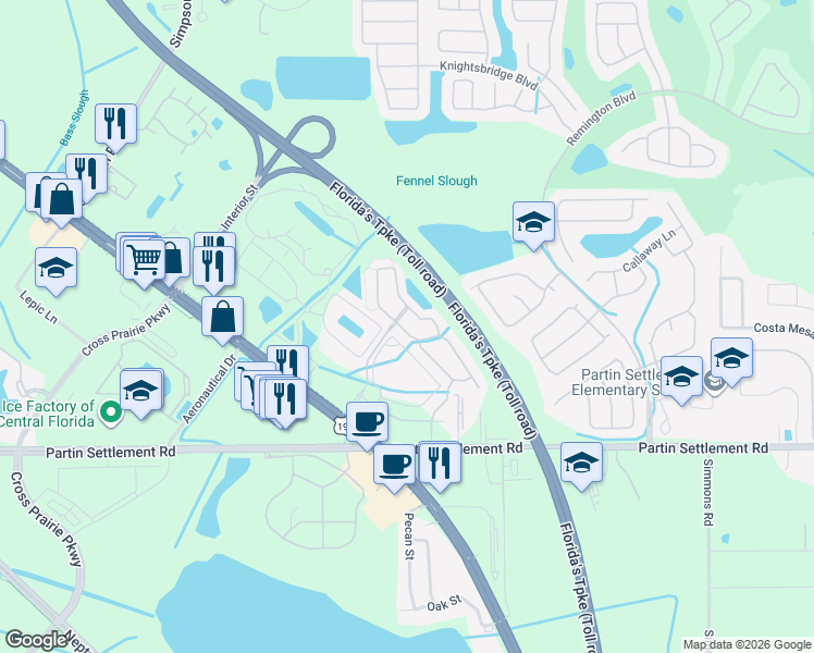 map of restaurants, bars, coffee shops, grocery stores, and more near 2520 Aventurine Street in Kissimmee