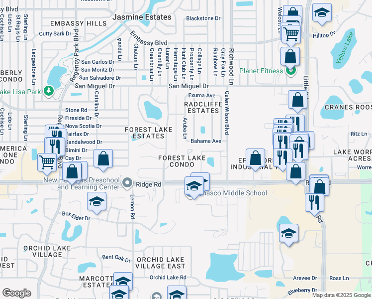 map of restaurants, bars, coffee shops, grocery stores, and more near in Jasmine Estates