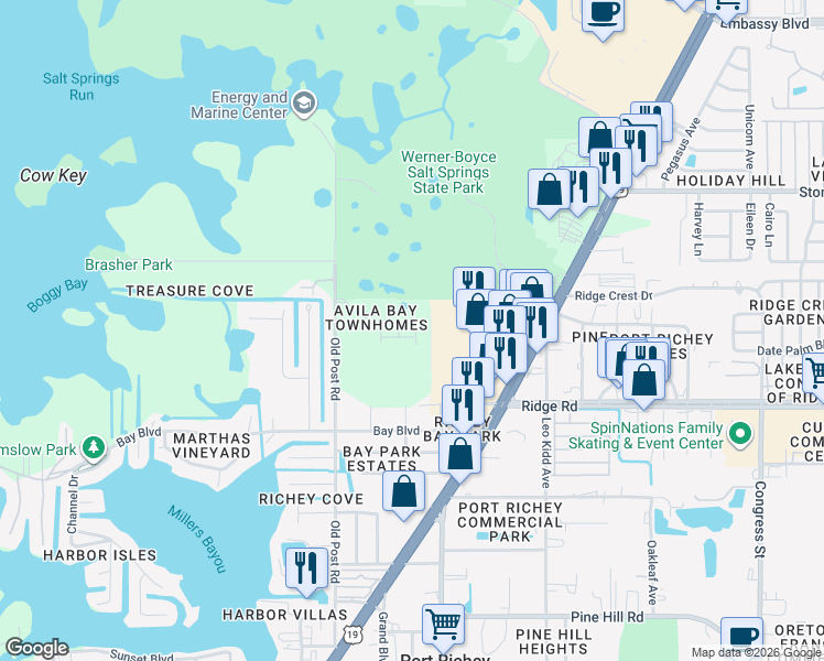 map of restaurants, bars, coffee shops, grocery stores, and more near 8622 Candida Lane in Port Richey