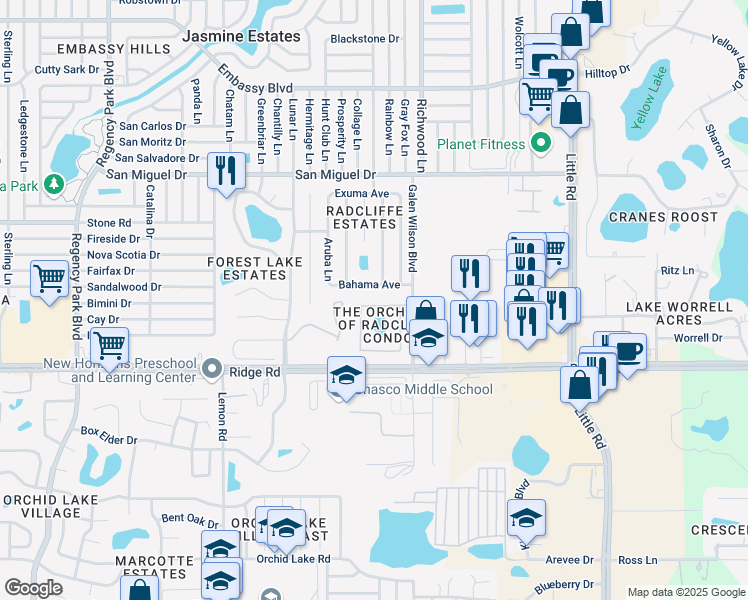 map of restaurants, bars, coffee shops, grocery stores, and more near 7838 Radcliffe Circle in Port Richey