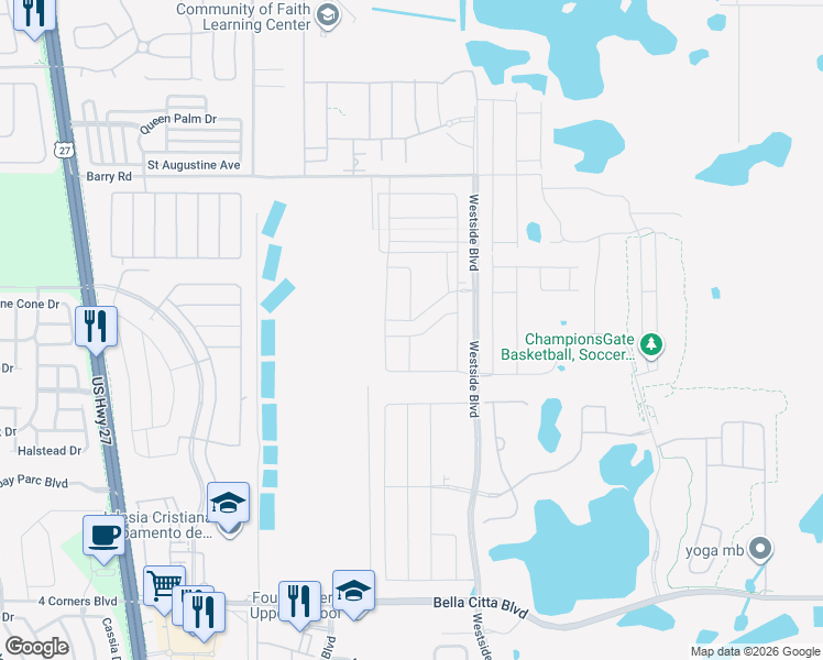 map of restaurants, bars, coffee shops, grocery stores, and more near Barry Road in Kissimmee
