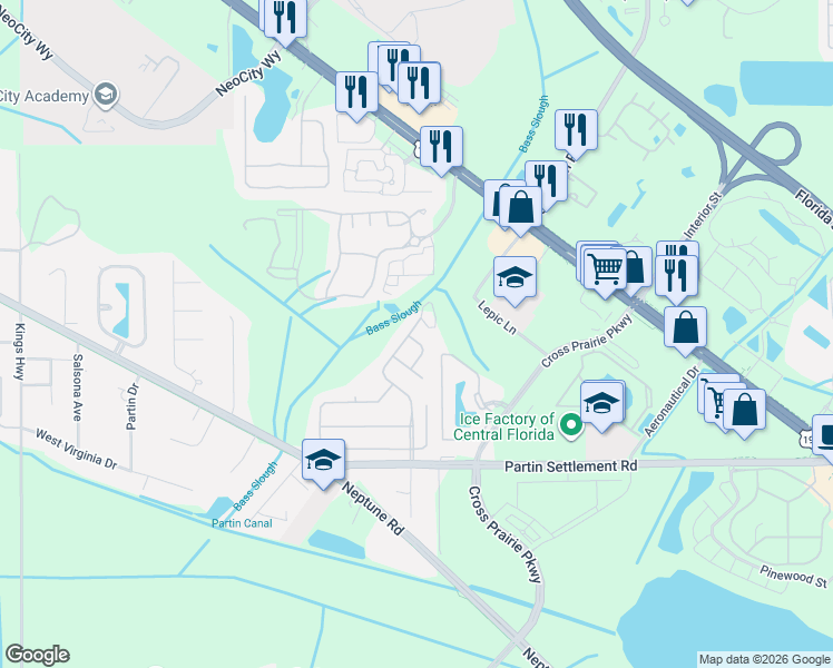 map of restaurants, bars, coffee shops, grocery stores, and more near 813 Neptune Pointe Lane in Kissimmee