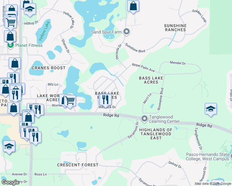 map of restaurants, bars, coffee shops, grocery stores, and more near 9217 Maynard Avenue in New Port Richey