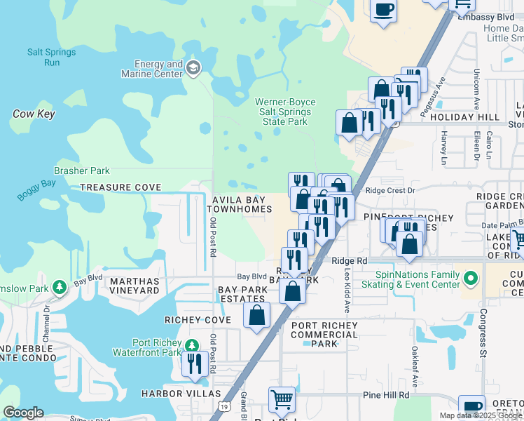 map of restaurants, bars, coffee shops, grocery stores, and more near 8622 Candida Lane in Port Richey