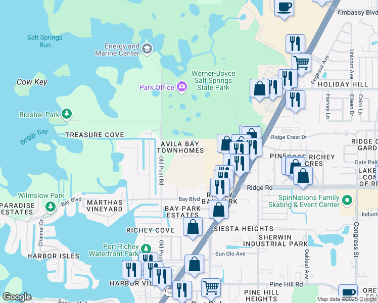 map of restaurants, bars, coffee shops, grocery stores, and more near 8637 Castillian Way in Port Richey