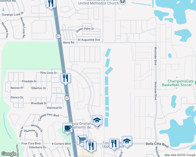 map of restaurants, bars, coffee shops, grocery stores, and more near 2615 Tranquila Lane in Davenport
