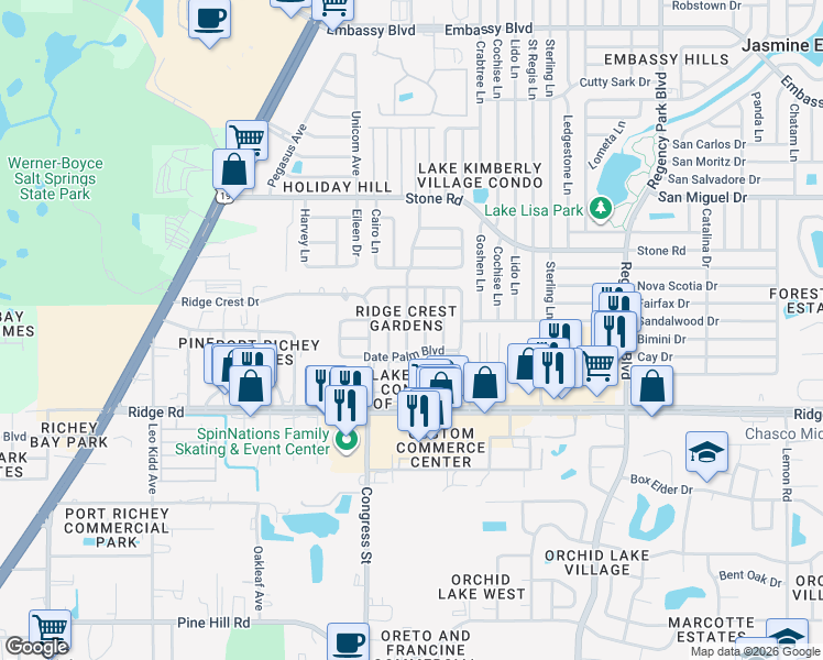 map of restaurants, bars, coffee shops, grocery stores, and more near 8646 Roble Way in Port Richey