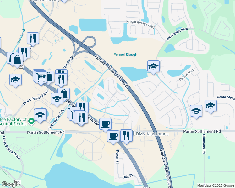 map of restaurants, bars, coffee shops, grocery stores, and more near 2510 Hassonite Street in Kissimmee