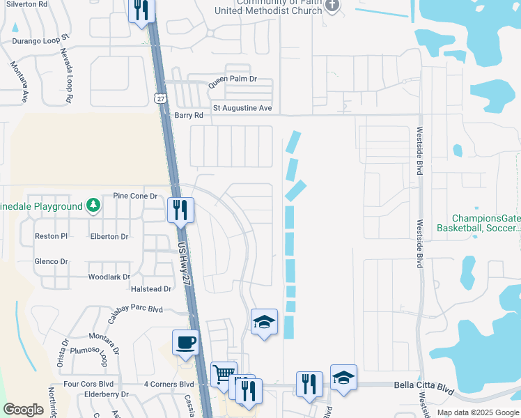map of restaurants, bars, coffee shops, grocery stores, and more near 2871 Tuscana Lane in Davenport