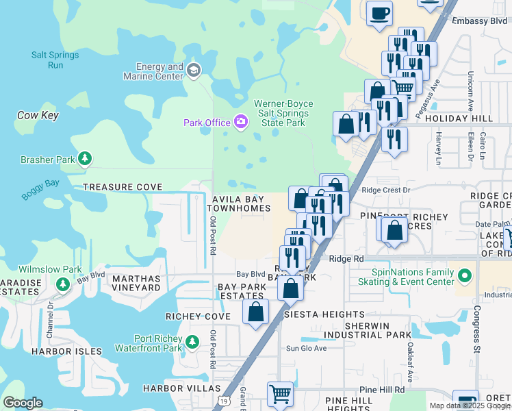 map of restaurants, bars, coffee shops, grocery stores, and more near 8660 Candida Lane in Port Richey