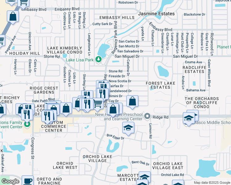 map of restaurants, bars, coffee shops, grocery stores, and more near 7130 Fairfax Drive in Port Richey