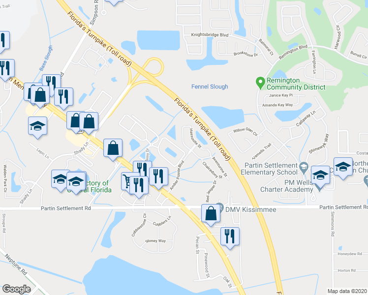 map of restaurants, bars, coffee shops, grocery stores, and more near 2412 Hassonite Street in Kissimmee