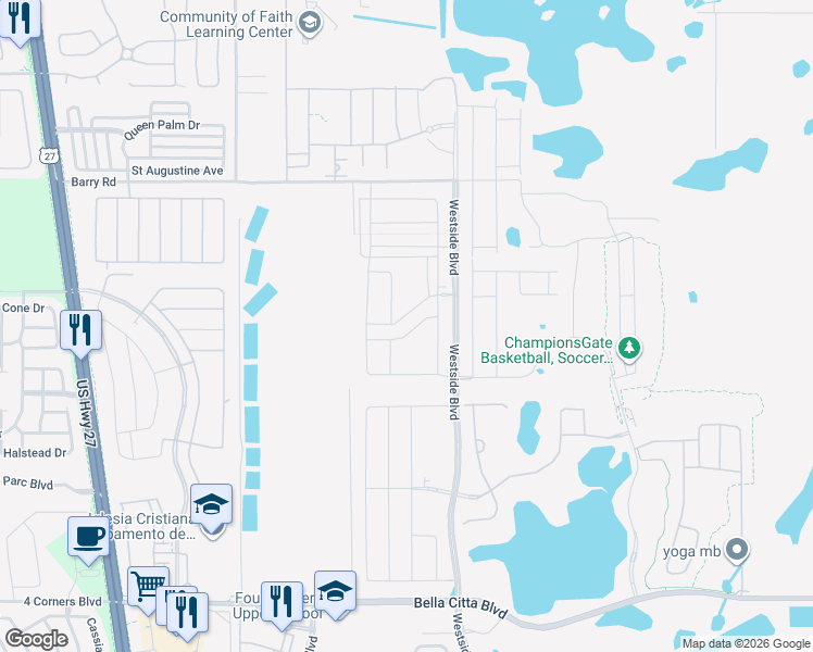 map of restaurants, bars, coffee shops, grocery stores, and more near Barry Road in Kissimmee