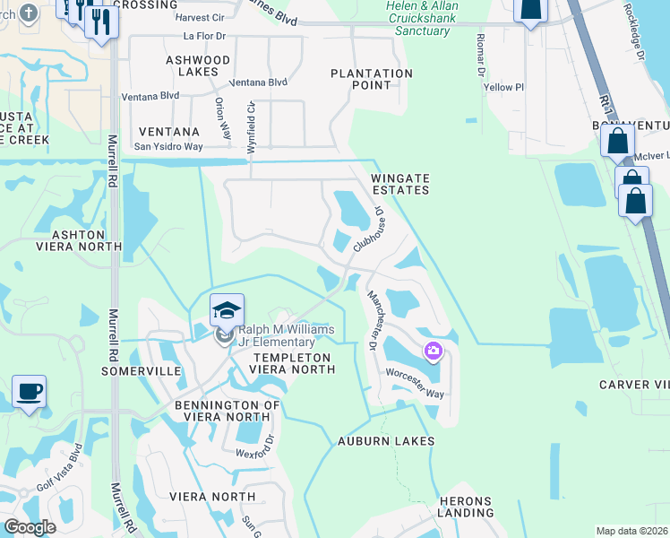 map of restaurants, bars, coffee shops, grocery stores, and more near 1537 Auburn Lakes Drive in Rockledge