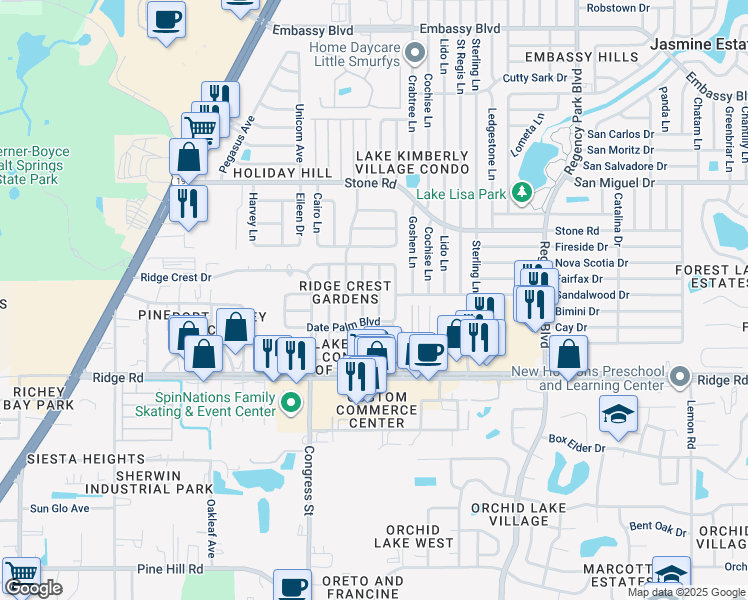 map of restaurants, bars, coffee shops, grocery stores, and more near 8724 Spanish Moss Drive in Port Richey