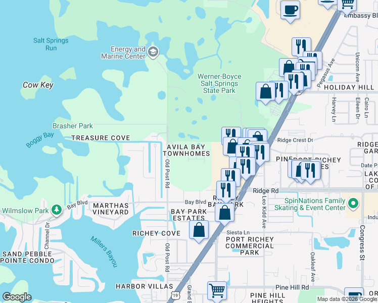 map of restaurants, bars, coffee shops, grocery stores, and more near 5607 Mercado Drive in Port Richey